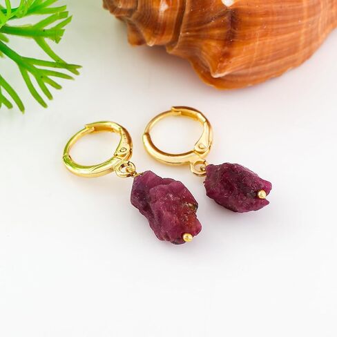 Raw Ruby Gemstone Hoop Earrings – Natural Crystal Stone Dangle Earrings for Women – Hypoallergenic Gold Plated Small Hoops – Handmade Lightweight Statement Jewelry (Ruby) in Saudi Arabia