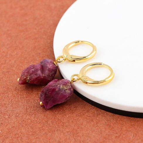 Raw Ruby Gemstone Hoop Earrings – Natural Crystal Stone Dangle Earrings for Women – Hypoallergenic Gold Plated Small Hoops – Handmade Lightweight Statement Jewelry (Ruby) in Saudi Arabia