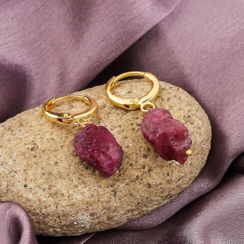 Raw Ruby Gemstone Hoop Earrings – Natural Crystal Stone Dangle Earrings for Women – Hypoallergenic Gold Plated Small Hoops – Handmade Lightweight Statement Jewelry (Ruby) in Saudi Arabia