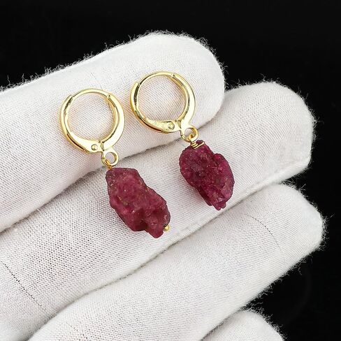 Raw Ruby Gemstone Hoop Earrings – Natural Crystal Stone Dangle Earrings for Women – Hypoallergenic Gold Plated Small Hoops – Handmade Lightweight Statement Jewelry (Ruby) in Saudi Arabia