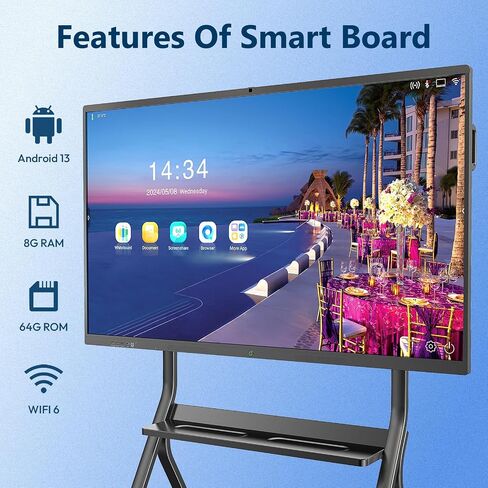 65 Inch Interactive Whiteboard, 4K Smart Board, Touchscreen Built in Ultra High Definition Camera Open App Ecosystem, Presentation Electronic Smart Board for Classroom Home Office (With Stand) in Kuwait