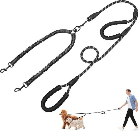 Double Dog Leash, Dual Dog Leash, 360° Swivel No Tangle Lead for 2 Medium or Large Breeds with Sponge Padded Handles, Heavy Duty Shock Absorbing Bungee for Walking Jogging Hiking, Black in Kuwait