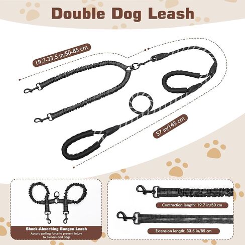 Double Dog Leash, Dual Dog Leash, 360° Swivel No Tangle Lead for 2 Medium or Large Breeds with Sponge Padded Handles, Heavy Duty Shock Absorbing Bungee for Walking Jogging Hiking, Black in Kuwait