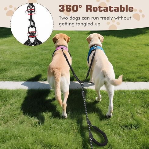 Double Dog Leash, Dual Dog Leash, 360° Swivel No Tangle Lead for 2 Medium or Large Breeds with Sponge Padded Handles, Heavy Duty Shock Absorbing Bungee for Walking Jogging Hiking, Black in Kuwait