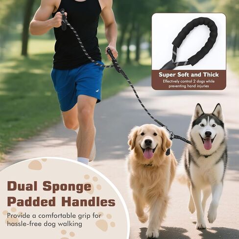 Double Dog Leash, Dual Dog Leash, 360° Swivel No Tangle Lead for 2 Medium or Large Breeds with Sponge Padded Handles, Heavy Duty Shock Absorbing Bungee for Walking Jogging Hiking, Black in Kuwait