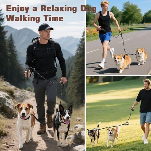 Double Dog Leash, Dual Dog Leash, 360° Swivel No Tangle Lead for 2 Medium or Large Breeds with Sponge Padded Handles, Heavy Duty Shock Absorbing Bungee for Walking Jogging Hiking, Black in Kuwait