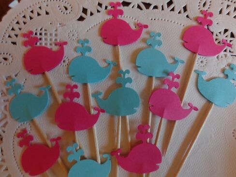 Whale Cupcake Toppers - Bright Pink and Aqua Blue - Party Picks - Pink and Blue Whales Food Picks - Baby Shower Appetizer Picks (Set of 24) in Saudi Arabia