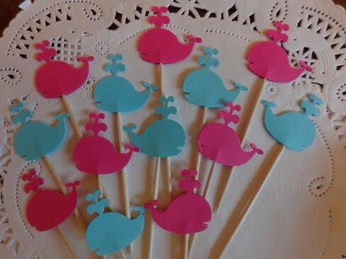 Whale Cupcake Toppers - Bright Pink and Aqua Blue - Party Picks - Pink and Blue Whales Food Picks - Baby Shower Appetizer Picks (Set of 24) in Saudi Arabia