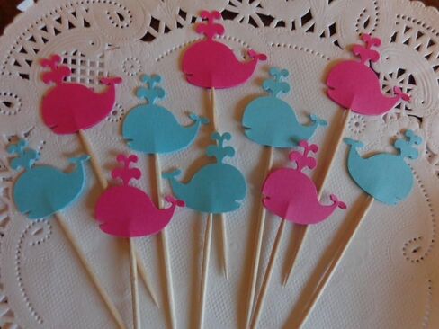 Whale Cupcake Toppers - Bright Pink and Aqua Blue - Party Picks - Pink and Blue Whales Food Picks - Baby Shower Appetizer Picks (Set of 24) in Saudi Arabia