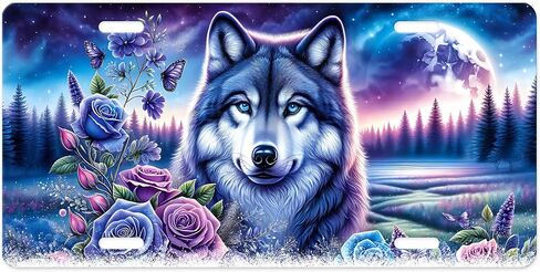 Vanity Decorative Front License Plate - Cute Car License Plate Made in the USA - Aluminum Metal Plate - Premium Quality Car Plate - Front Plate for Car (Wolf and Roses) in Kuwait