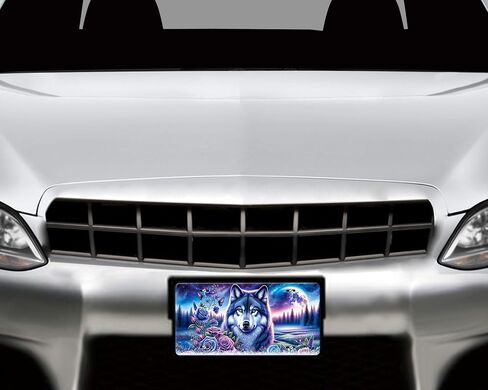 Vanity Decorative Front License Plate - Cute Car License Plate Made in the USA - Aluminum Metal Plate - Premium Quality Car Plate - Front Plate for Car (Wolf and Roses) in Kuwait