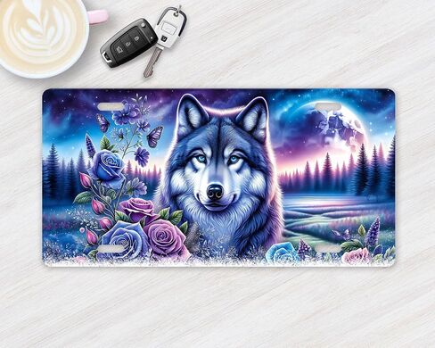Vanity Decorative Front License Plate - Cute Car License Plate Made in the USA - Aluminum Metal Plate - Premium Quality Car Plate - Front Plate for Car (Wolf and Roses) in Kuwait