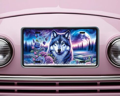 Vanity Decorative Front License Plate - Cute Car License Plate Made in the USA - Aluminum Metal Plate - Premium Quality Car Plate - Front Plate for Car (Wolf and Roses) in Kuwait