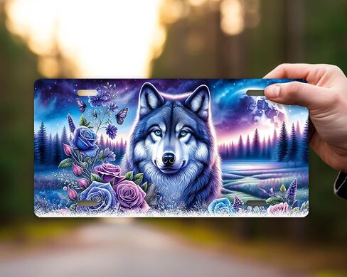 Vanity Decorative Front License Plate - Cute Car License Plate Made in the USA - Aluminum Metal Plate - Premium Quality Car Plate - Front Plate for Car (Wolf and Roses) in Kuwait