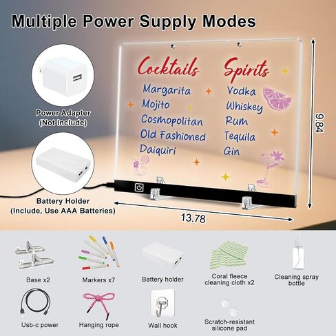 LED Note Board with Color– 13.75" x 10" Acrylic Drawing Board with 7 Colors & 4 Light Modes, Includes Battery Box, Power Cable, Markers, Spray Bottle, Cleaning Cloth, Stand & Hanging Chain in Saudi Arabia