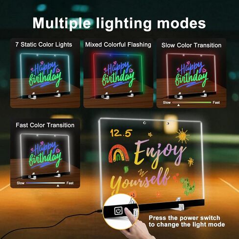 LED Note Board with Color– 13.75" x 10" Acrylic Drawing Board with 7 Colors & 4 Light Modes, Includes Battery Box, Power Cable, Markers, Spray Bottle, Cleaning Cloth, Stand & Hanging Chain in Saudi Arabia