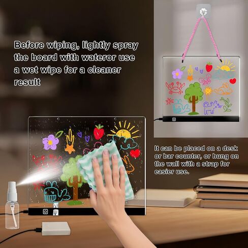 LED Note Board with Color– 13.75" x 10" Acrylic Drawing Board with 7 Colors & 4 Light Modes, Includes Battery Box, Power Cable, Markers, Spray Bottle, Cleaning Cloth, Stand & Hanging Chain in Saudi Arabia