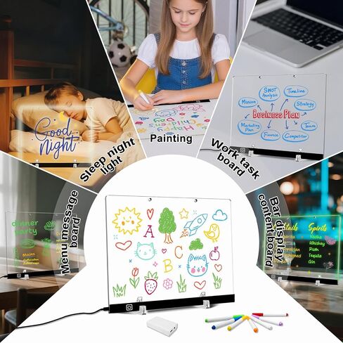 LED Note Board with Color– 13.75" x 10" Acrylic Drawing Board with 7 Colors & 4 Light Modes, Includes Battery Box, Power Cable, Markers, Spray Bottle, Cleaning Cloth, Stand & Hanging Chain in Saudi Arabia
