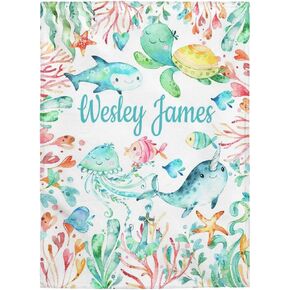 Sea Animals Baby Boy Girl Name Blanket, Turtle Octopus Jelly Fish Whale Horse Under The Sea 30x40 inches in Saudi Arabia