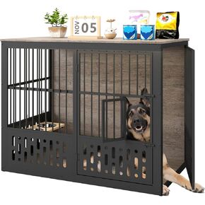 Yafylly 48 Inch XXL Dog Crate Furniture, Wooden Chewproof Dog Kennel with Interactive Window, 360° Adjustable Bowls (5 Heights), Storage Table Top, Heavy Duty XL Dog Crate for Medium Large Dogs, Brown in Kuwait