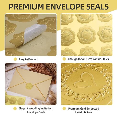 PigPotParty 100 PCS Gold Embossed Envelope Stickes-Heart Stickes Foil Envelope Seal for Wedding Invitations, Halloween,Christmas Greeting Cards，Party Favors，Self-Adhesive in Kuwait