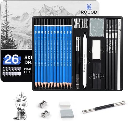 رسم أقلام الرصاص للأطفال والكبار رسم ، 26 قطعة مخططات رسم ، رسم قلم رصاص للفنانين المبتدئين ، قلم الرصاص الجرافيت الفني من 6 ب إلى 4H in Kuwait