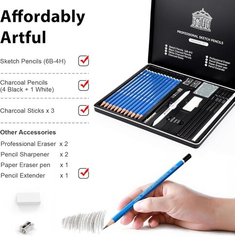 رسم أقلام الرصاص للأطفال والكبار رسم ، 26 قطعة مخططات رسم ، رسم قلم رصاص للفنانين المبتدئين ، قلم الرصاص الجرافيت الفني من 6 ب إلى 4H in Kuwait