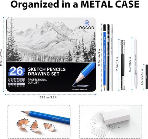 رسم أقلام الرصاص للأطفال والكبار رسم ، 26 قطعة مخططات رسم ، رسم قلم رصاص للفنانين المبتدئين ، قلم الرصاص الجرافيت الفني من 6 ب إلى 4H in Kuwait