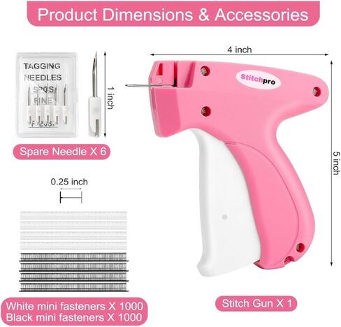 Stitch Gun for Clothes - Handheld Stitch Tag Gun Quick Clothing Fixer - Tagging Gun - Includes 6 Needle, 1000 Black Fasteners & 1000 White Fasteners (PinkWhite) in Saudi Arabia