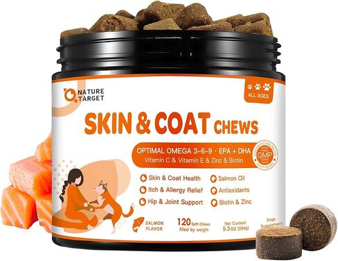 NATURE TARGET Omega 3 Fish Oil for Dogs, Salmon Oil Skin and Coat Supplement for Dogs Itchy Skin Relief with Omega 3-6-9 (EPA & DHA), Zinc, Biotin and Vitamin E & C - 120 Salmon Flavored Soft Chews in Kuwait