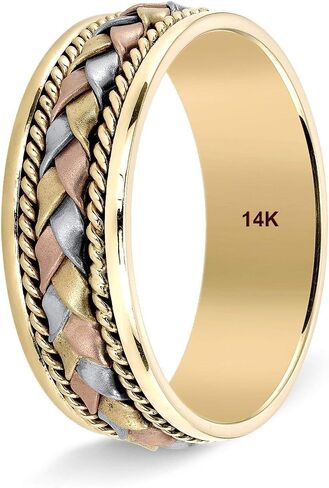 Tri Color Wedding Band – 18 k or 14k Handmade Gold Braided Rings – Nice Gift Jewelry for Him or Her - Weddings Band for Men and Women – Comfort Fit - Size 6 to 15 in Saudi Arabia