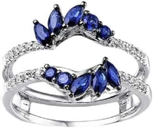 Finecreation_usa - 2.20Ct Marquise Cut Blue Sapphire and White Diamond Warp Enhancer Woman's Wedding Band Ring 14K White Gold Finish (yellow, 8.5) in Saudi Arabia