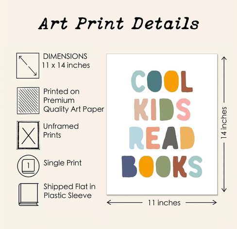 Cool Kids Read Books Inspirational Quotes Wall Art for Kids Room Educational Poster with Daily Affirmation to Encourage Reading Children Playrooms Decor, Unframed (11 x 14 inch) in Kuwait