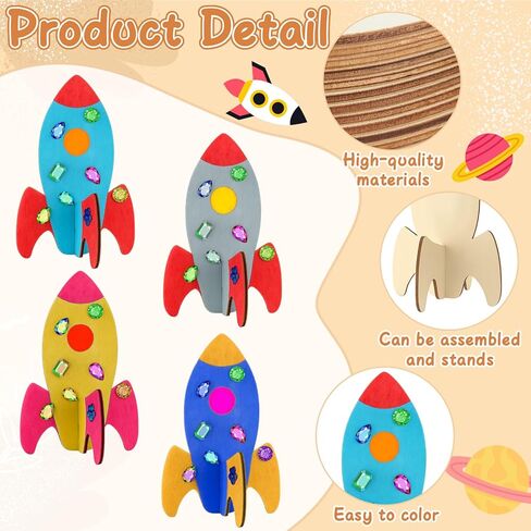 Blueweenly 48 PCS DIY Wood Rockets الطلاء مجموعات الحرف اليدوية للأطفال ، فضاءات خشبية غير مكتملة مع اللوازم الفنية الحفلات الحفلات لأنشطة الحفلة المدرسية ديكور هدية عيد ميلاد كبيرة in Kuwait
