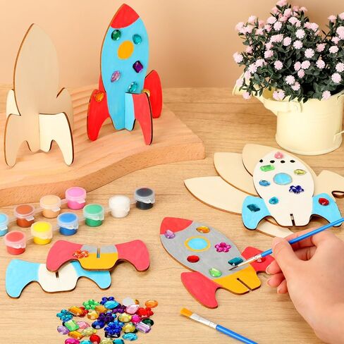 Blueweenly 48 PCS DIY Wood Rockets الطلاء مجموعات الحرف اليدوية للأطفال ، فضاءات خشبية غير مكتملة مع اللوازم الفنية الحفلات الحفلات لأنشطة الحفلة المدرسية ديكور هدية عيد ميلاد كبيرة in Kuwait
