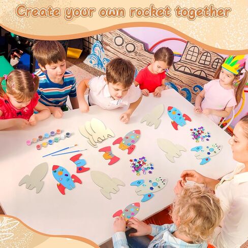 Blueweenly 48 PCS DIY Wood Rockets الطلاء مجموعات الحرف اليدوية للأطفال ، فضاءات خشبية غير مكتملة مع اللوازم الفنية الحفلات الحفلات لأنشطة الحفلة المدرسية ديكور هدية عيد ميلاد كبيرة in Kuwait