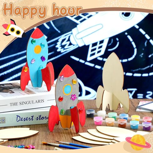 Blueweenly 48 PCS DIY Wood Rockets الطلاء مجموعات الحرف اليدوية للأطفال ، فضاءات خشبية غير مكتملة مع اللوازم الفنية الحفلات الحفلات لأنشطة الحفلة المدرسية ديكور هدية عيد ميلاد كبيرة in Kuwait