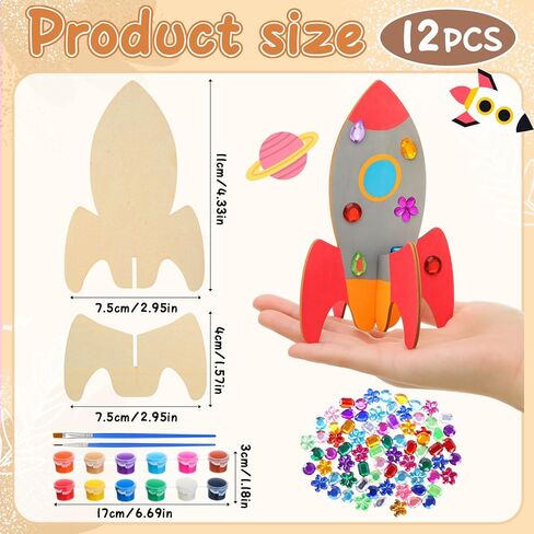 Blueweenly 48 PCS DIY Wood Rockets الطلاء مجموعات الحرف اليدوية للأطفال ، فضاءات خشبية غير مكتملة مع اللوازم الفنية الحفلات الحفلات لأنشطة الحفلة المدرسية ديكور هدية عيد ميلاد كبيرة in Kuwait