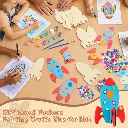 Blueweenly 48 PCS DIY Wood Rockets الطلاء مجموعات الحرف اليدوية للأطفال ، فضاءات خشبية غير مكتملة مع اللوازم الفنية الحفلات الحفلات لأنشطة الحفلة المدرسية ديكور هدية عيد ميلاد كبيرة in Kuwait