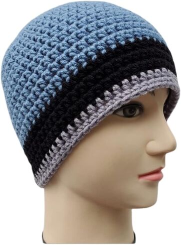 Men's Crochet Light Blue Hat with Black and Grey Stripe in Saudi Arabia