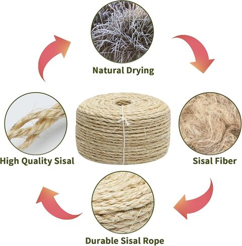 4mm Natural Sisal Rope - 164-Ft, Cat Scratcher Repair & DIY Cat Tree, Wide Application, Length Choices in Saudi Arabia