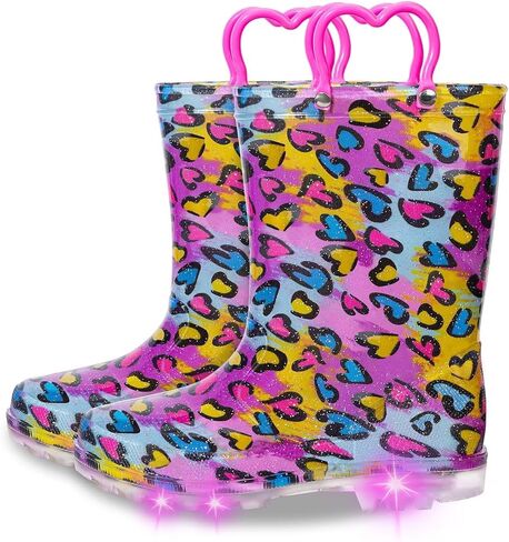 Kids Toddler Rain Boots for Girls Boys Light Up Waterproof Rain Shoes Patterns and Glitter Boot with Easy On Handles in Saudi Arabia