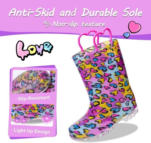 Kids Toddler Rain Boots for Girls Boys Light Up Waterproof Rain Shoes Patterns and Glitter Boot with Easy On Handles in Saudi Arabia