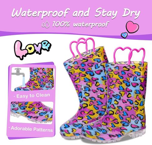 Kids Toddler Rain Boots for Girls Boys Light Up Waterproof Rain Shoes Patterns and Glitter Boot with Easy On Handles in Saudi Arabia
