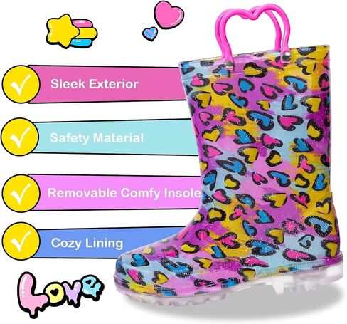 Kids Toddler Rain Boots for Girls Boys Light Up Waterproof Rain Shoes Patterns and Glitter Boot with Easy On Handles in Saudi Arabia