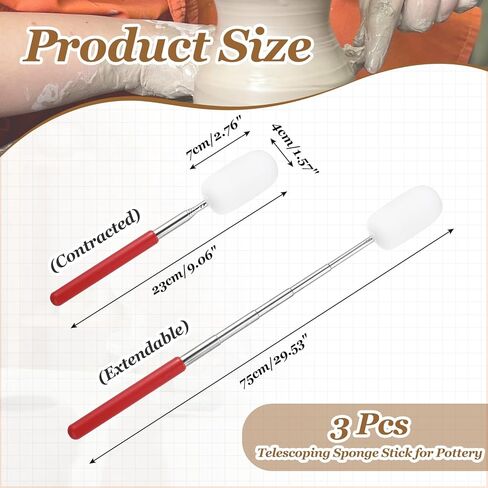 Patikil 29.5 "عصا الإسفنج التلسكوبية للفخار ، 3pcs أداة اسفنجي الطين الفخارية القابلة للسحب من السيراميك لإزالة المياه الزائدة من الفخار الطويل والضيق ، الأبيض/الأحمر (1.57" W) in Kuwait
