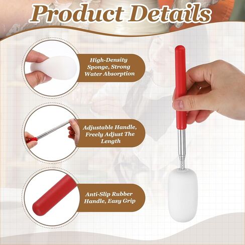 Patikil 29.5 "عصا الإسفنج التلسكوبية للفخار ، 3pcs أداة اسفنجي الطين الفخارية القابلة للسحب من السيراميك لإزالة المياه الزائدة من الفخار الطويل والضيق ، الأبيض/الأحمر (1.57" W) in Kuwait