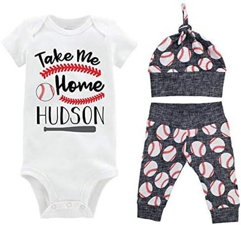 Boy Baseball مخصصة الاسم الأخير Navy Black Gray Come Home Outfit Home Gift- Yoga Pants و Top Knot Hat in Saudi Arabia