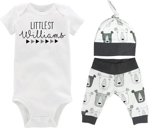 Littlest Personalized Last Name Gray White Bears Boy Coming Home Outfit - Bodysuit, Yoga Pant, Top Knot Hat in Saudi Arabia