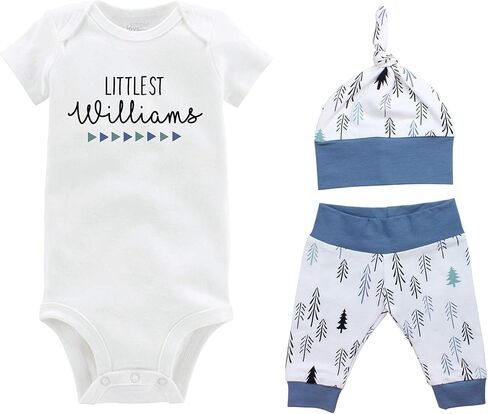 Littlest Personalized Last Name Boy Baby Coming Home Outfit - Bodysuit, Yoga Pant, and Top Knot Hat in Saudi Arabia